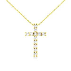10K Yellow Gold 1.0 Cttw Shared Prong Set Round Brilliant Cut Diamond Cross 18" Pendant Necklace (J-K Color, I2-I3 Clarity)