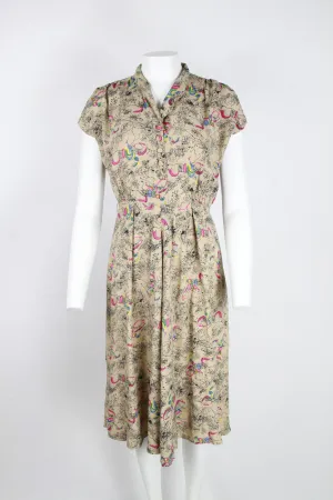 1940s Tea dress - Taupe with floral pattern and colourful highlights - S