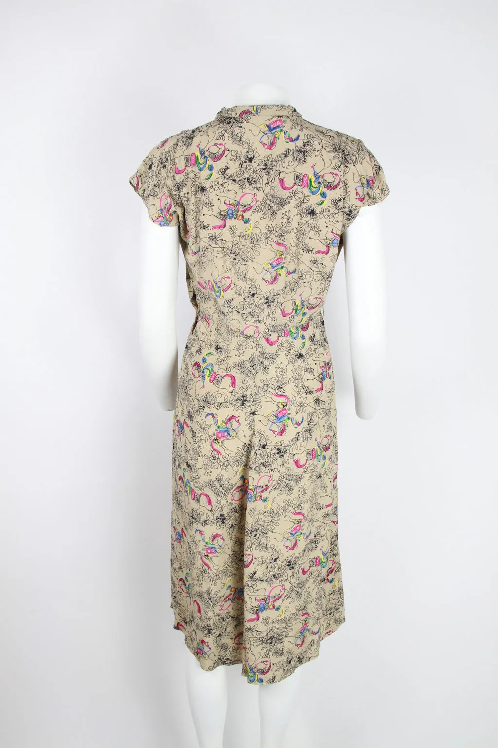 1940s Tea dress - Taupe with floral pattern and colourful highlights - S