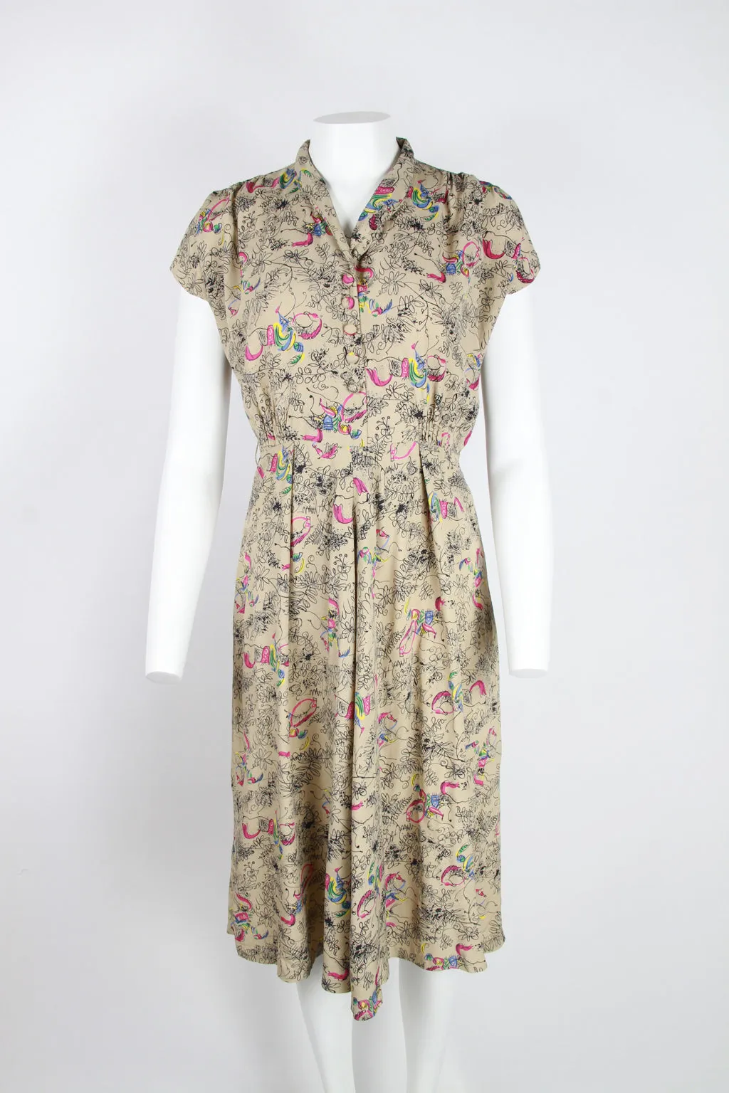 1940s Tea dress - Taupe with floral pattern and colourful highlights - S