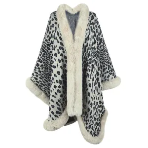 2022 Winter Thick Warm Poncho Fur Collar Cape Coat Women Vintage Leopard Sweater Cardigan Female Batwing Sleeve Shawl