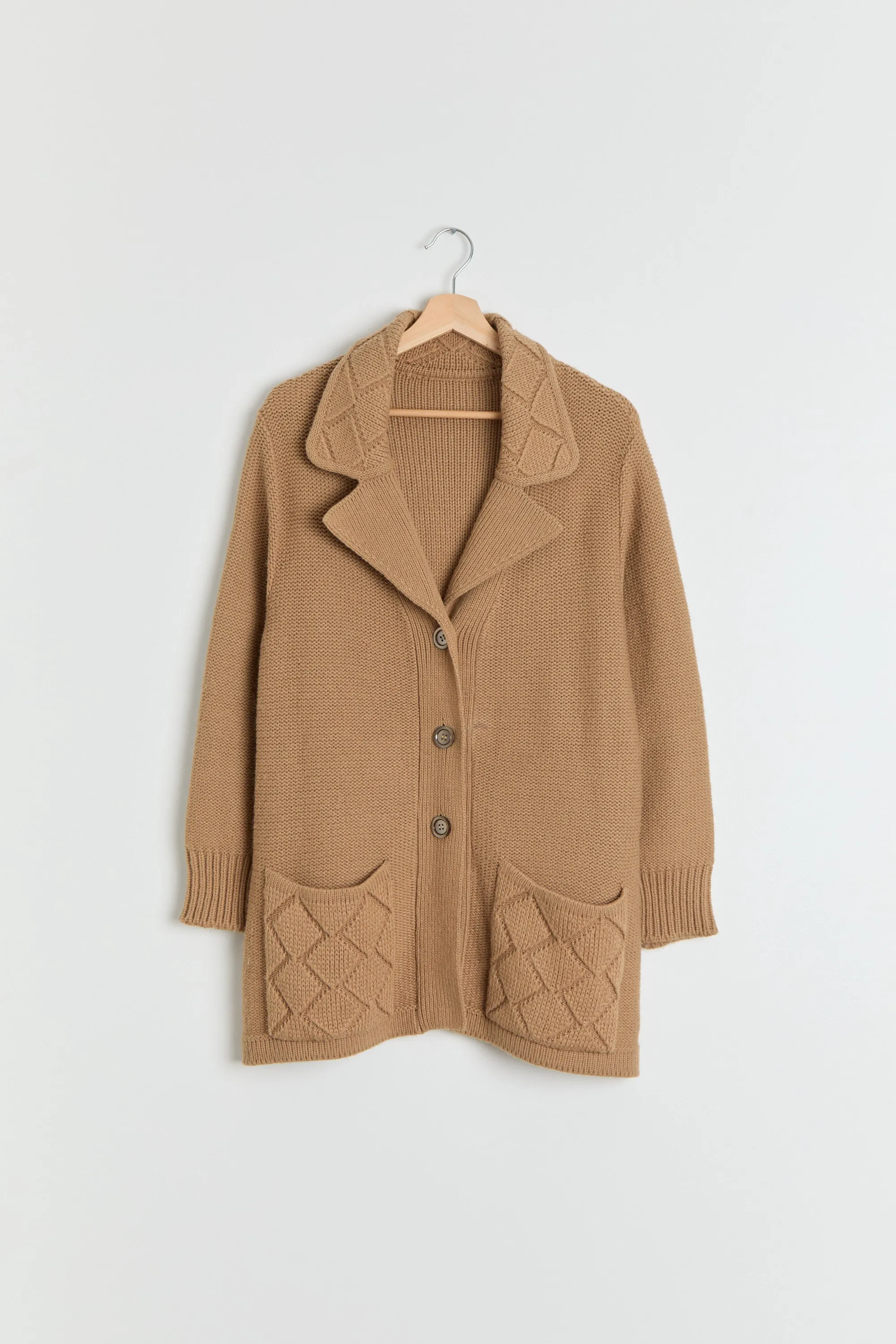 70s Camel Chunky Knit Cardigan M