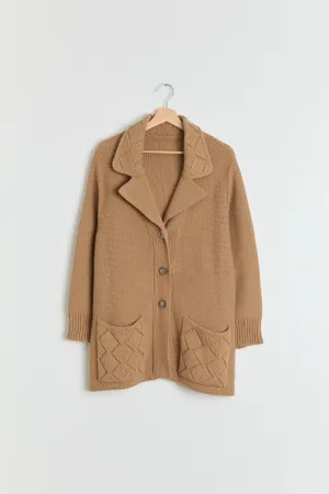 70s Camel Chunky Knit Cardigan M
