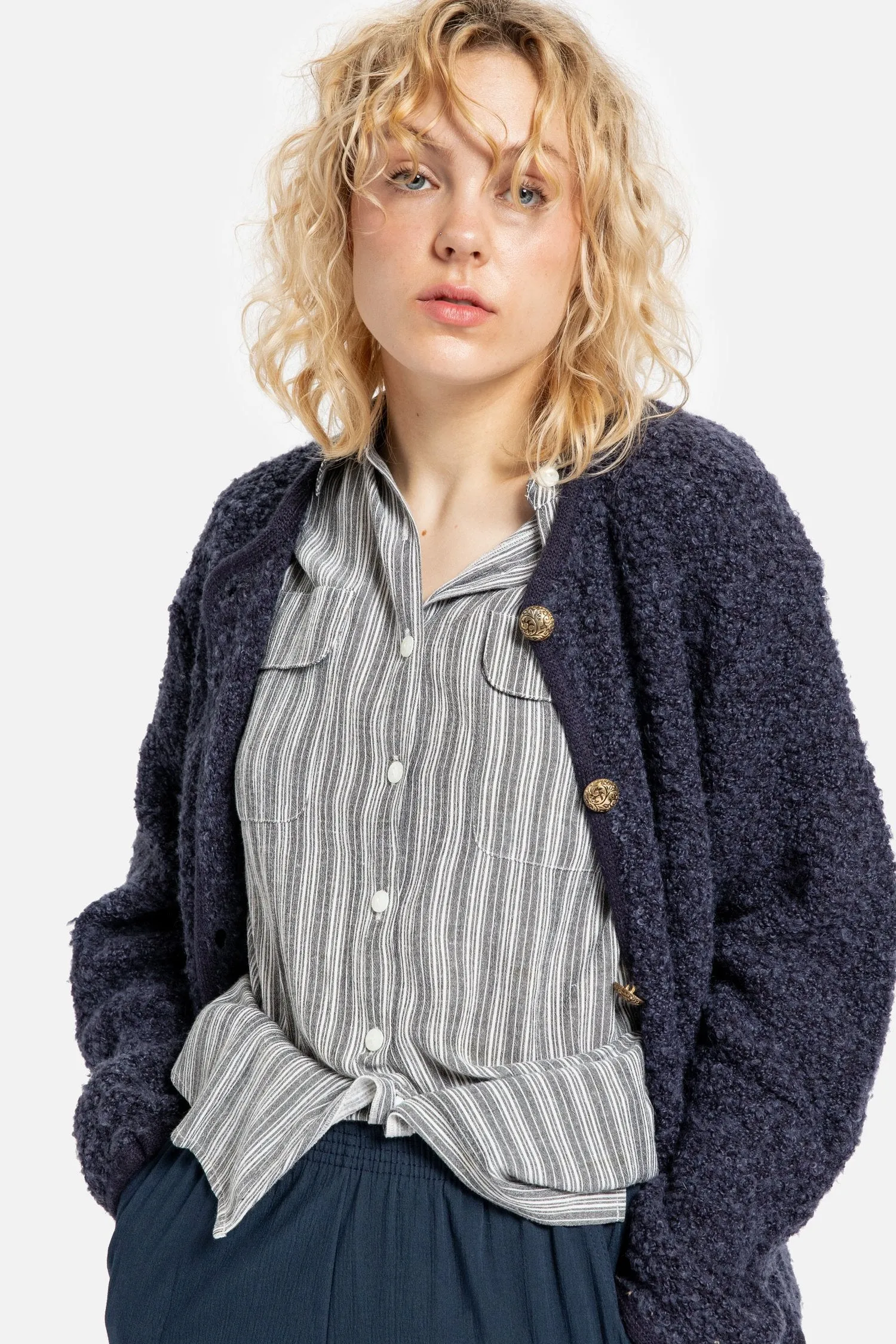 90s Navy Nubby Cardigan S