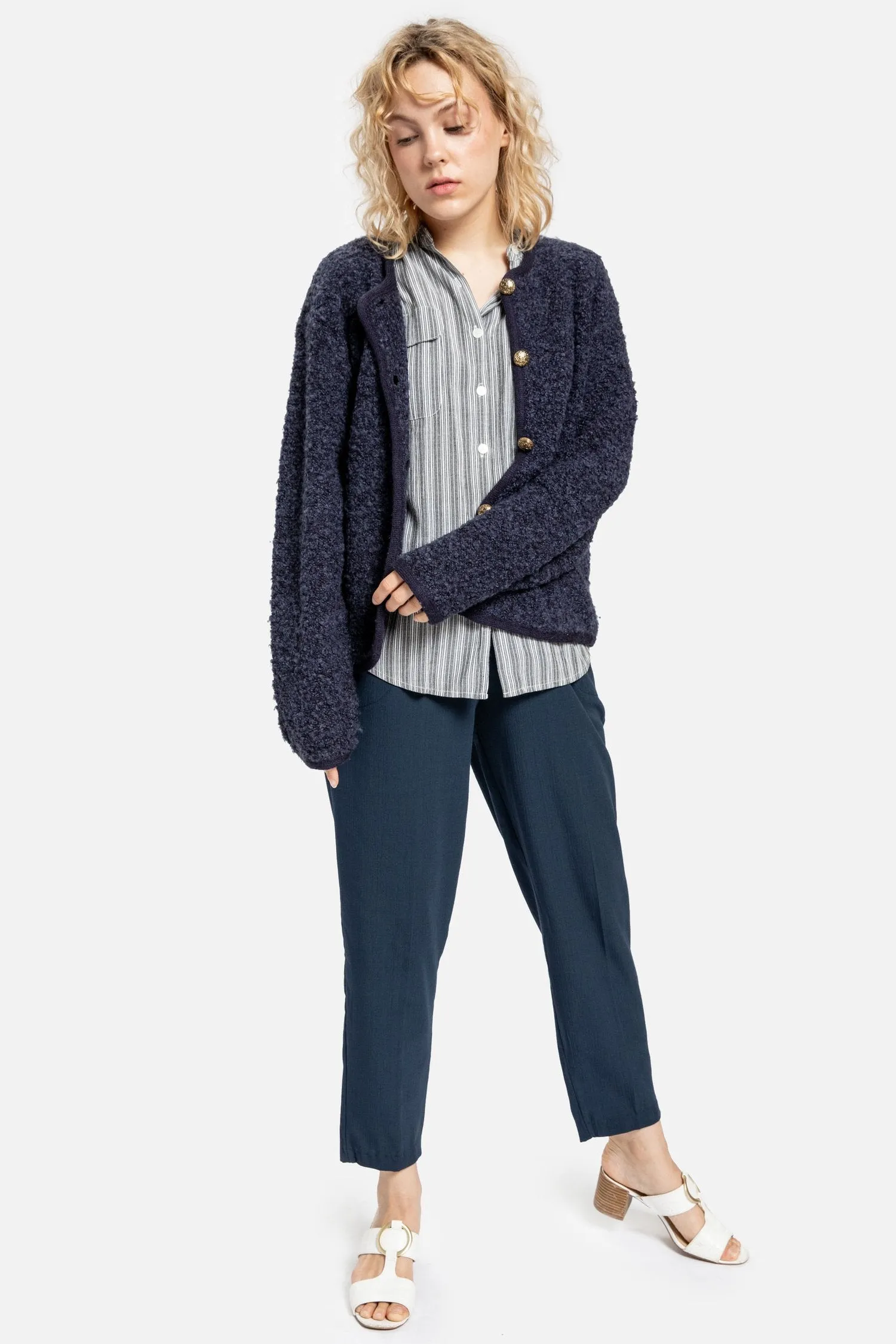 90s Navy Nubby Cardigan S