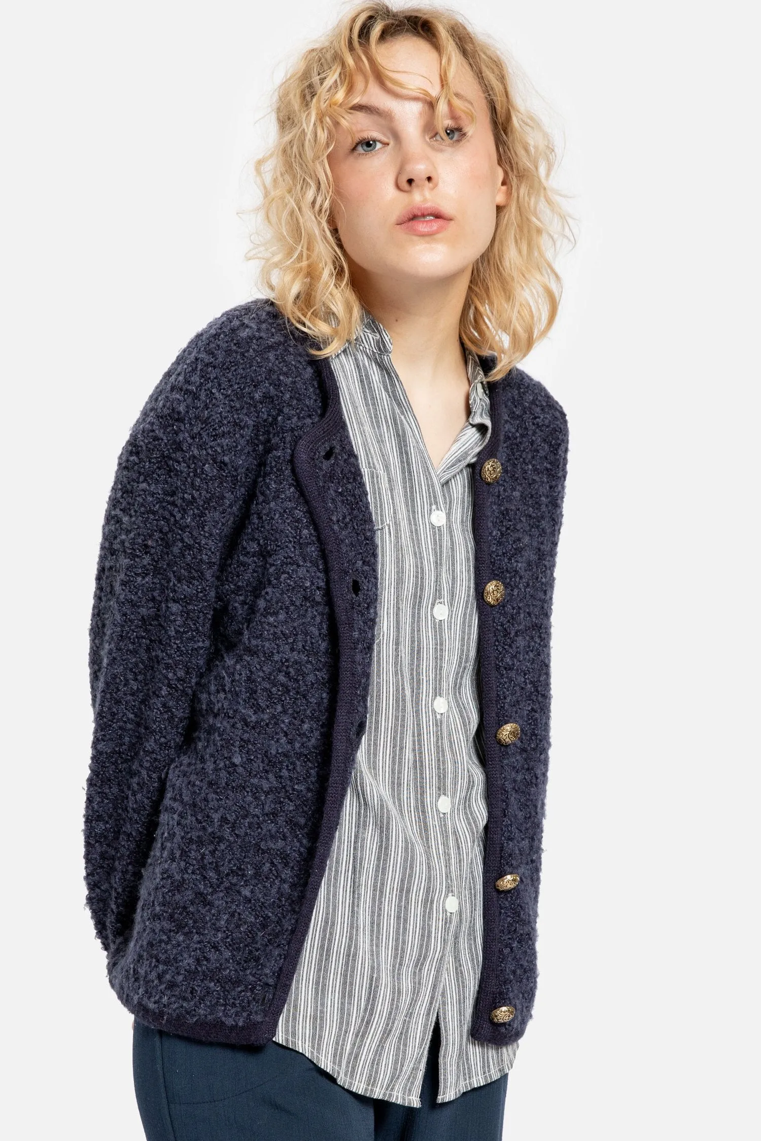90s Navy Nubby Cardigan S