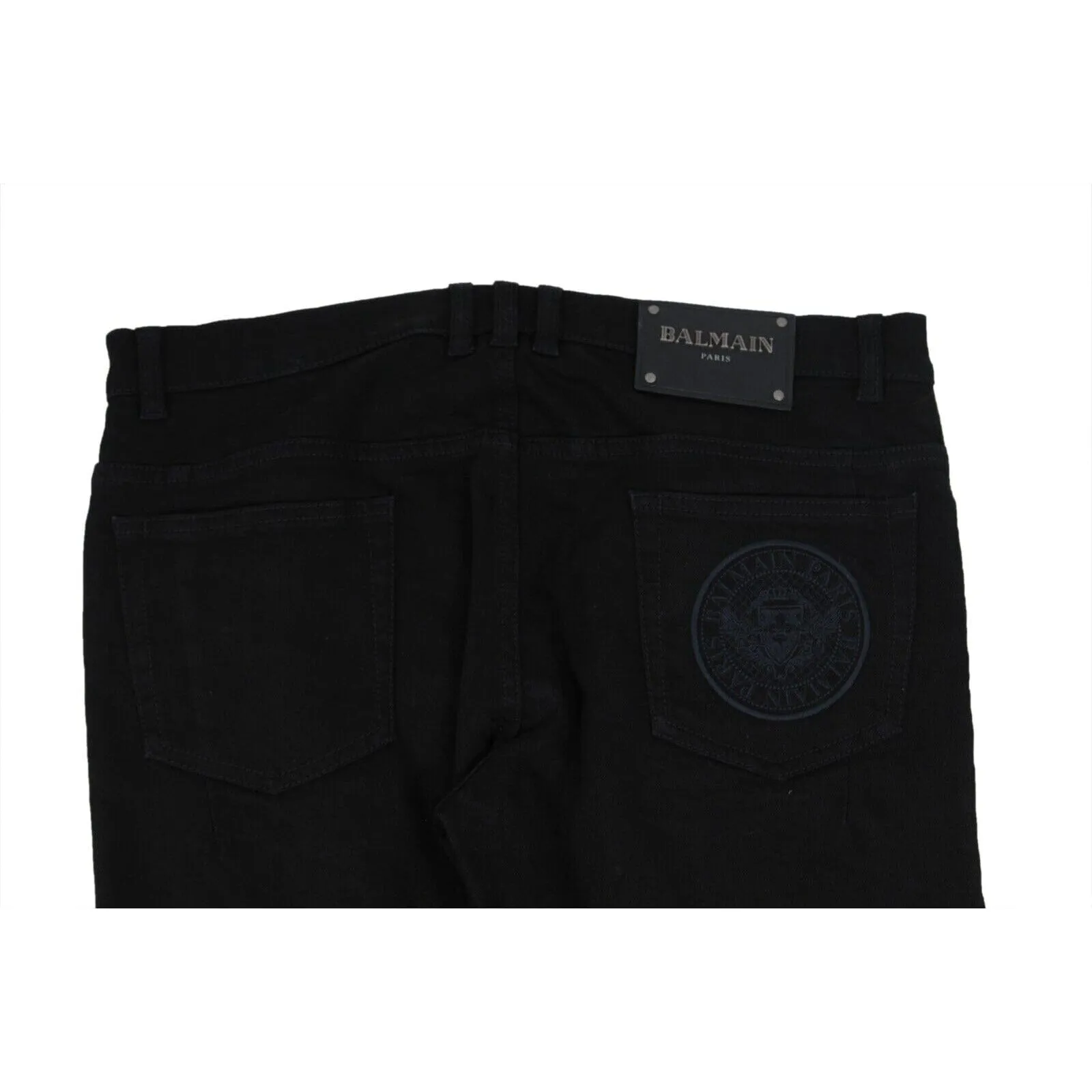 Balmain Mens Skinny Biker Jeans Black Ribbed Knee Zipper Denim