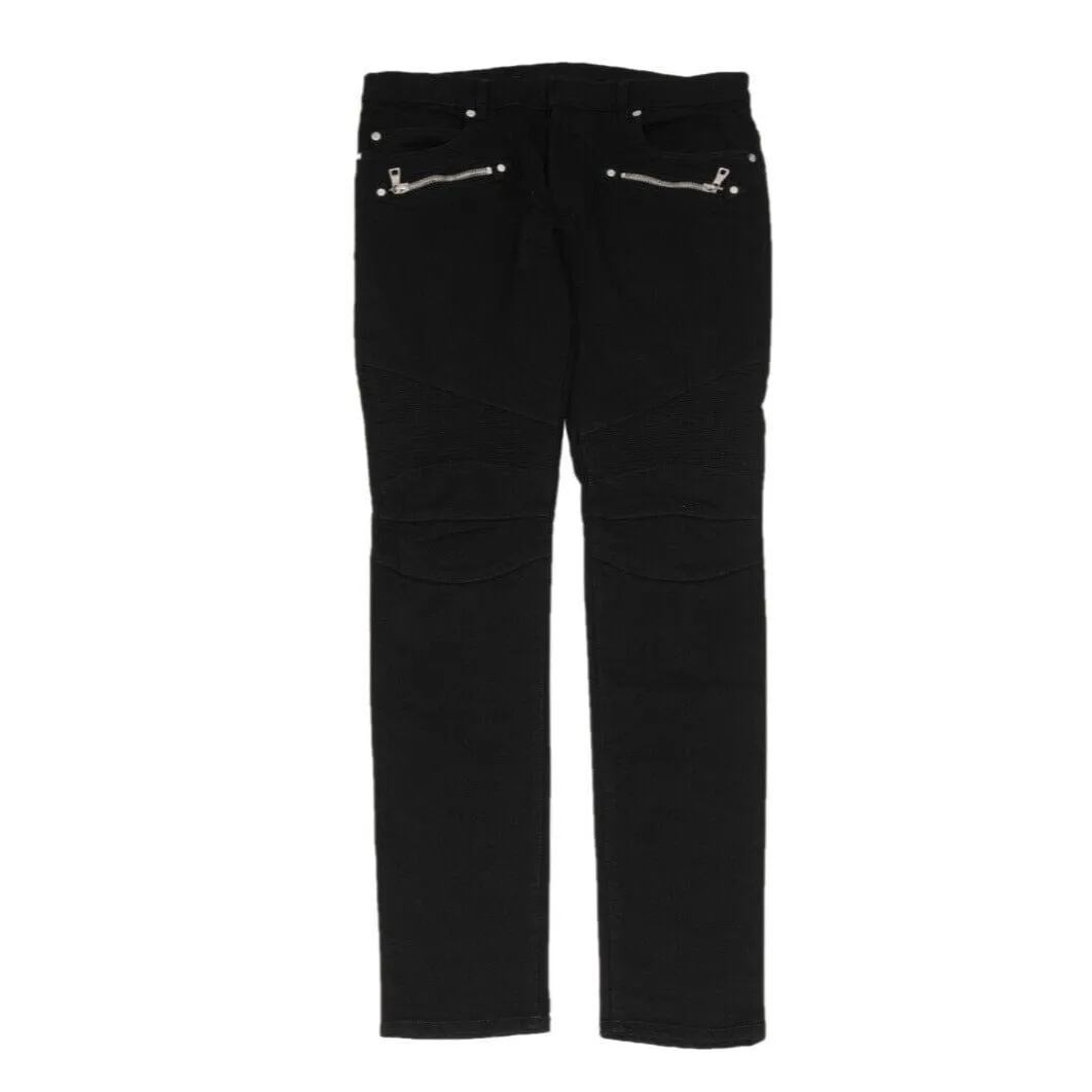 Balmain Mens Skinny Biker Jeans Black Ribbed Knee Zipper Denim