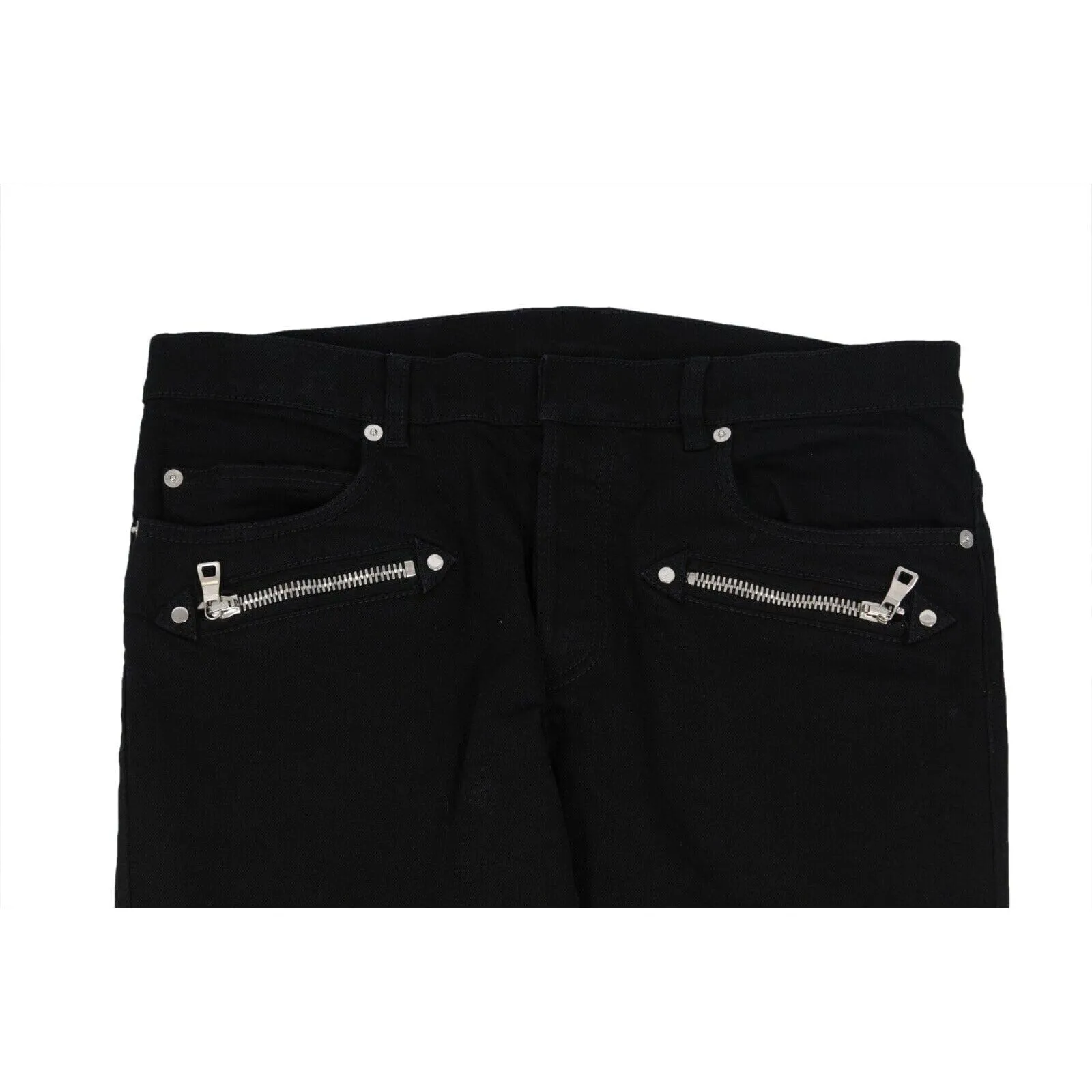 Balmain Mens Skinny Biker Jeans Black Ribbed Knee Zipper Denim