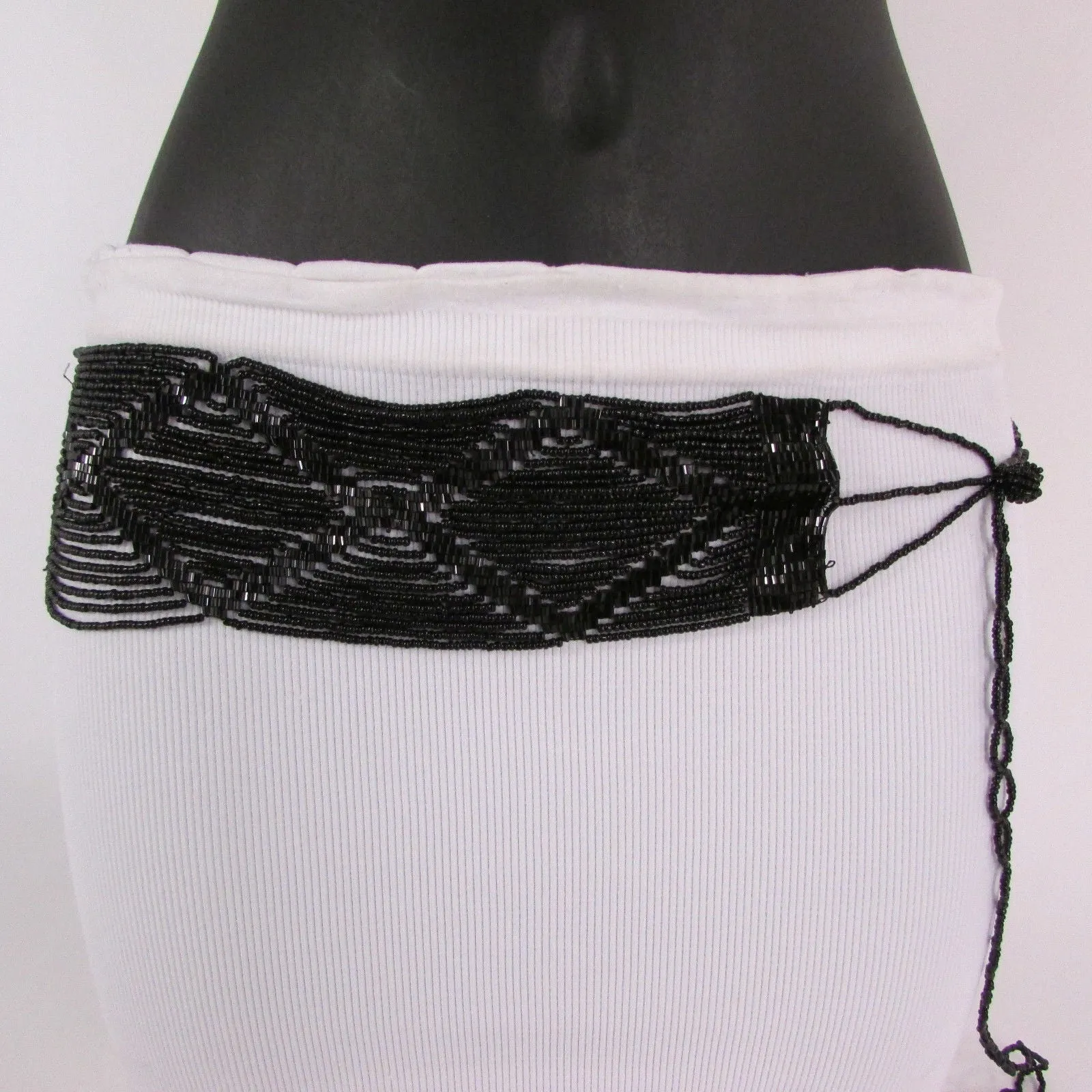 Belt Black Beads Wide Waistband Tie Wrap Around Waist Hip M L XL
