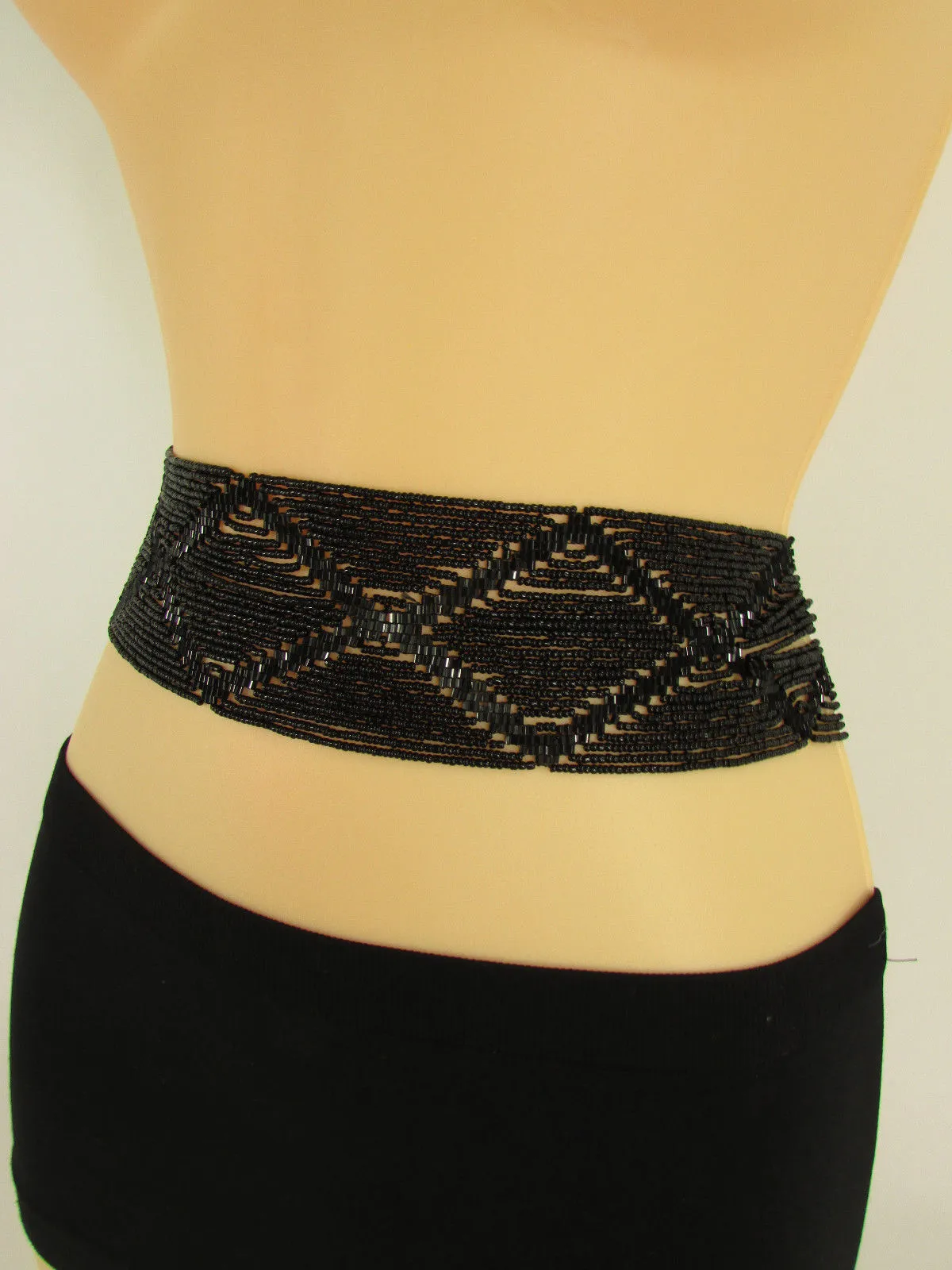 Belt Black Beads Wide Waistband Tie Wrap Around Waist Hip M L XL