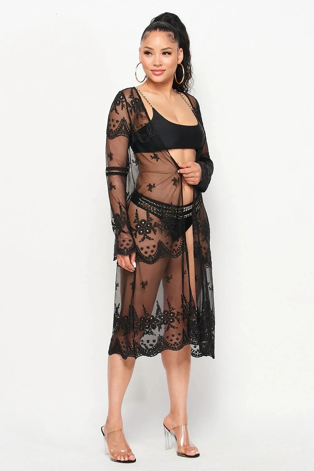 Black Mesh Embroidered Kimono Cover up