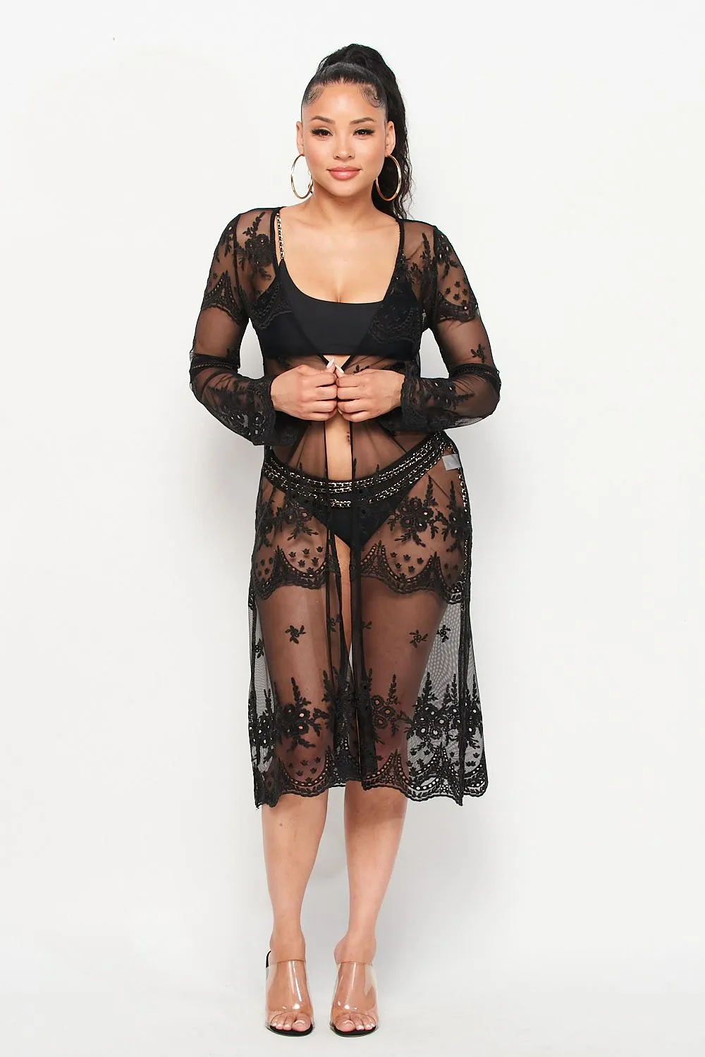 Black Mesh Embroidered Kimono Cover up