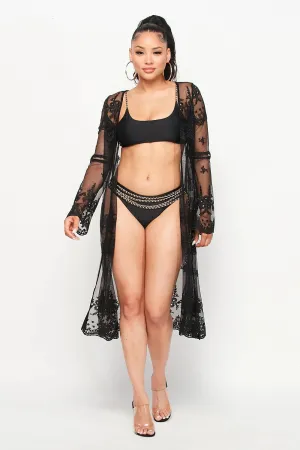 Black Mesh Embroidered Kimono Cover up