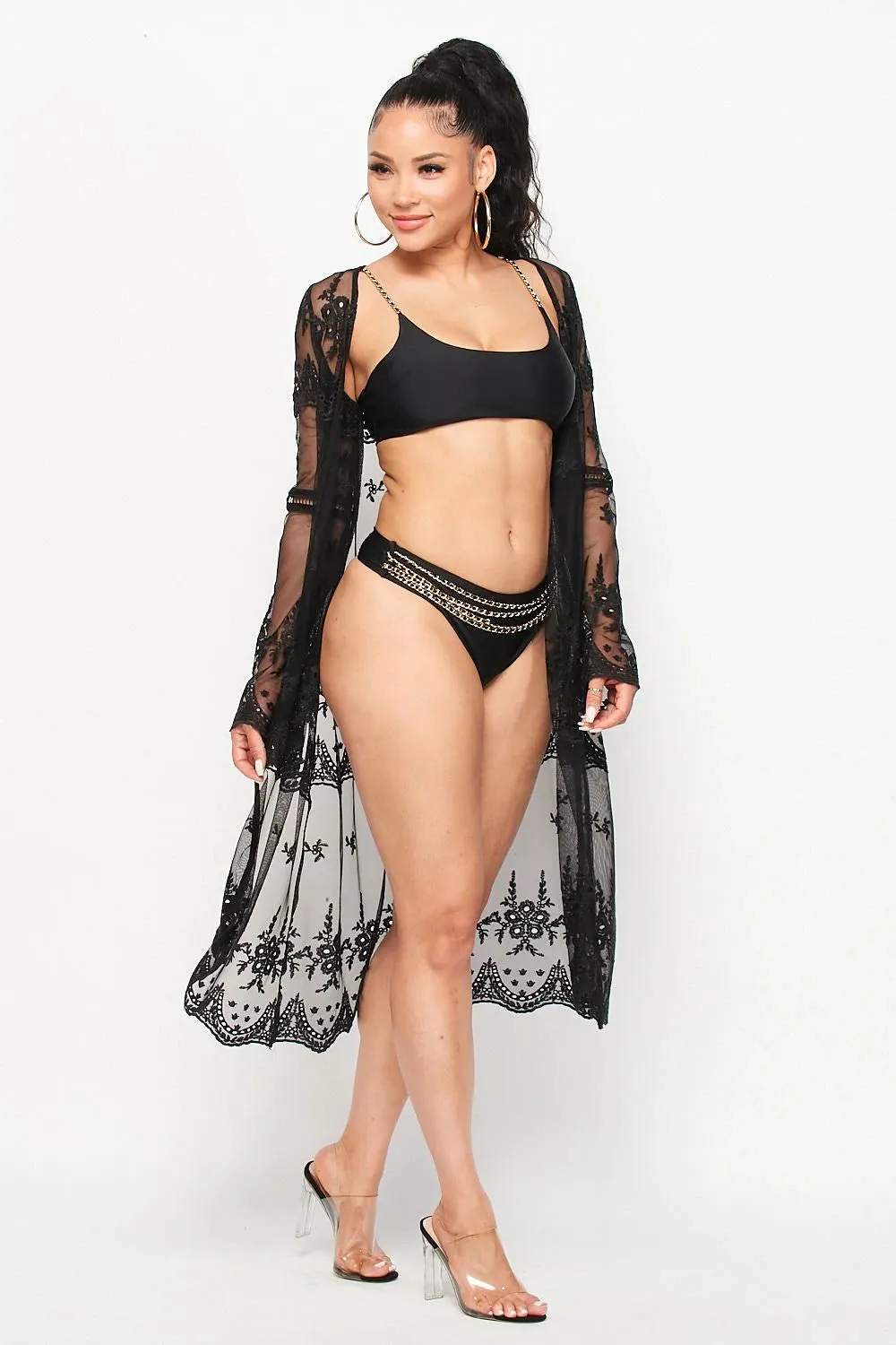 Black Mesh Embroidered Kimono Cover up