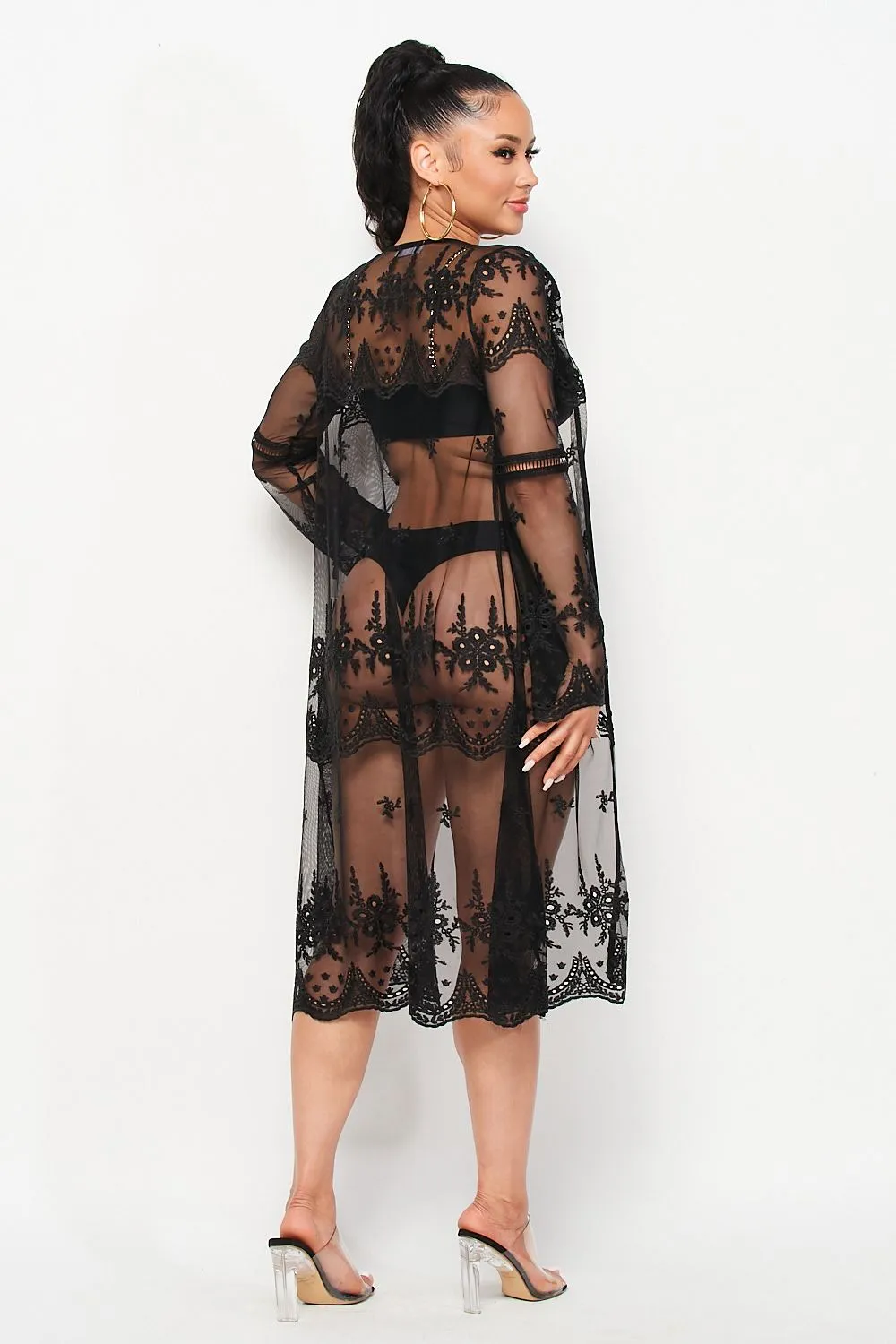 Black Mesh Embroidered Kimono Cover up