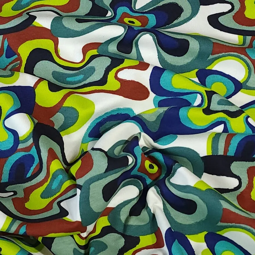 Cotton Knit Fabric With Abstract Floral Designer Look Fabric, Ideal for Boho Apparel, European Quality, 4 Way Stretch - Sold by the 1/2 yard