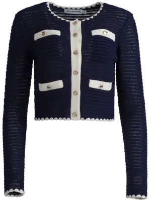 Crochet Contrast Trim Cardigan - Navy