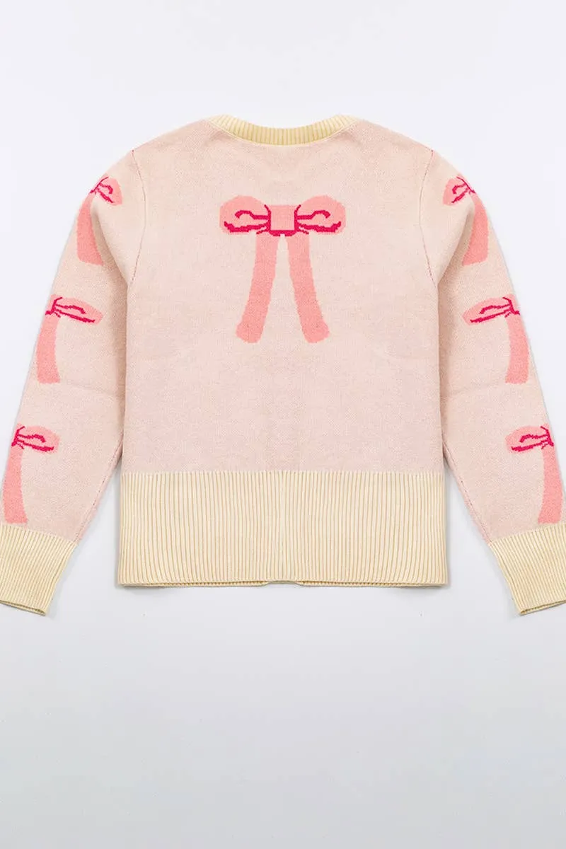 Cropped knit bow cardigan with pockets