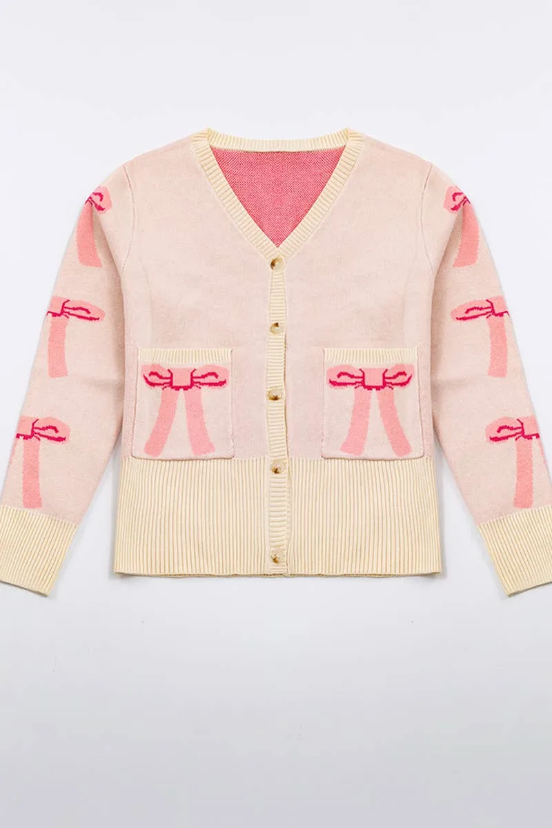 Cropped knit bow cardigan with pockets