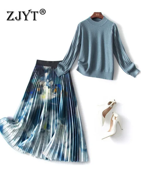 Designer 2 Piece Elegant Long Sleeve Knitted Outfit Set