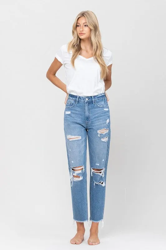 DISTRESSED RAW HEM MOM JEANS
