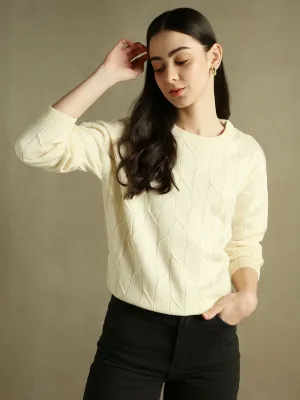 DL Woman Round Neck Solid White Full Sleeves Pullover Sweater