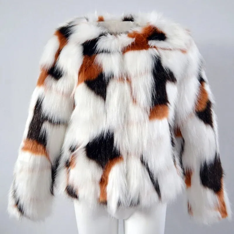 Erissa Color Patchwork Faux Rabbit Fur Jacket