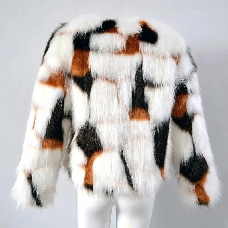 Erissa Color Patchwork Faux Rabbit Fur Jacket