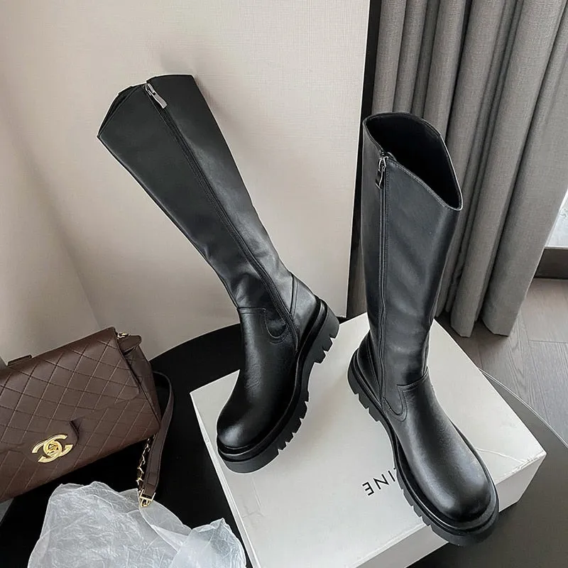 Fashion Autumn Winter Basic Women Knee-High Boots Genuine Leather