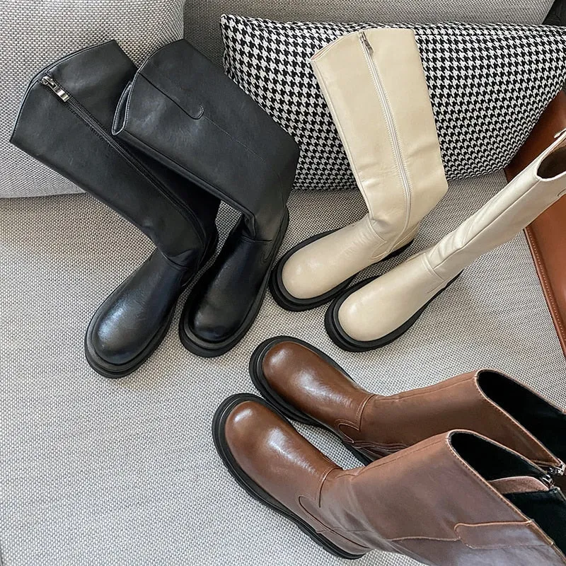 Fashion Autumn Winter Basic Women Knee-High Boots Genuine Leather