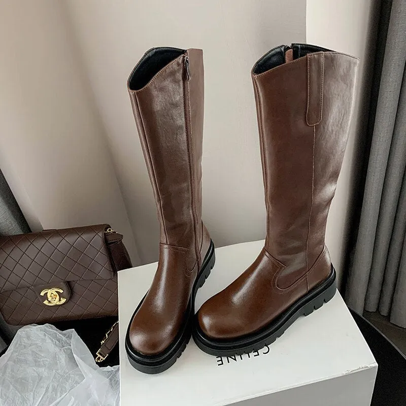 Fashion Autumn Winter Basic Women Knee-High Boots Genuine Leather