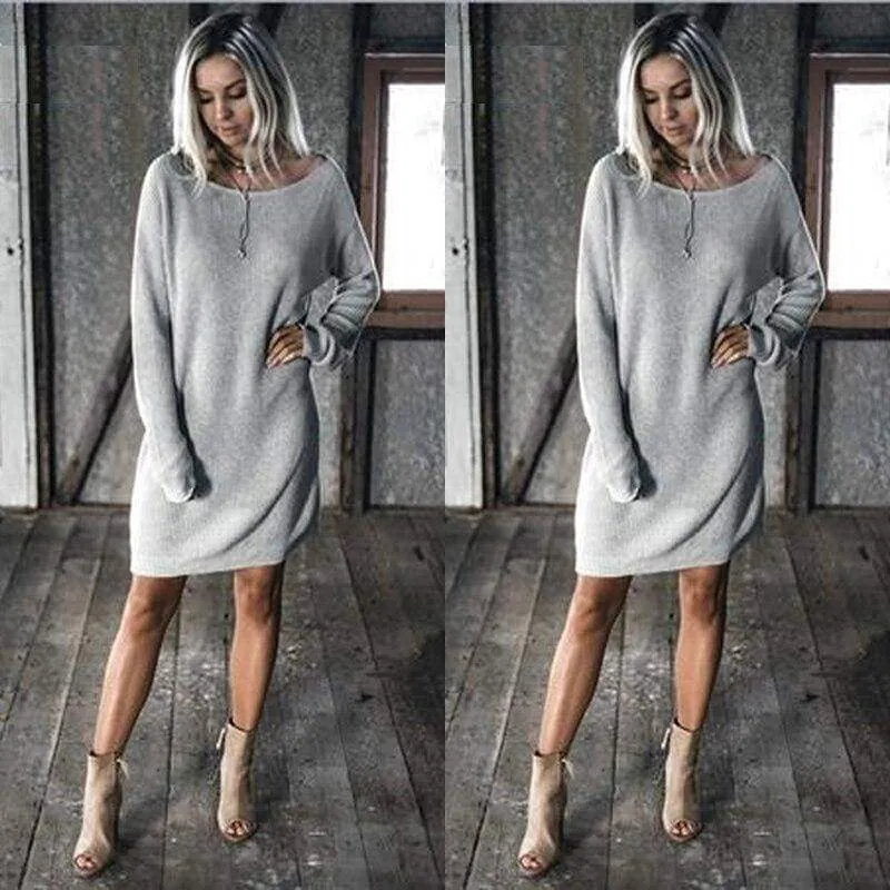 FashionSierra - New Fashion Women O Neck Long Sleeve Dress Solid Color Loose Dress Ladies Casual Warm Mini Dress Winter