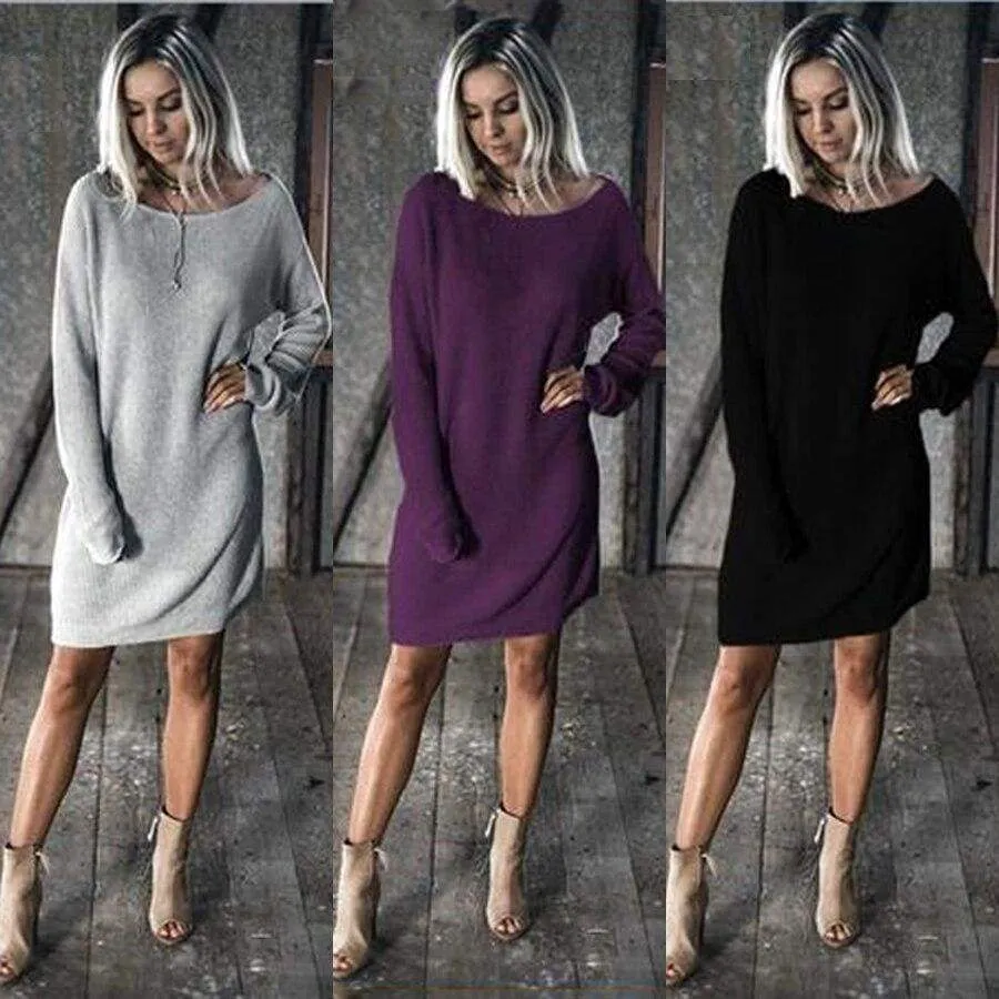 FashionSierra - New Fashion Women O Neck Long Sleeve Dress Solid Color Loose Dress Ladies Casual Warm Mini Dress Winter