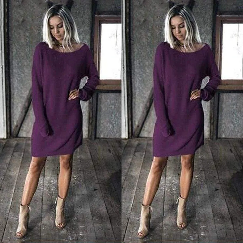 FashionSierra - New Fashion Women O Neck Long Sleeve Dress Solid Color Loose Dress Ladies Casual Warm Mini Dress Winter