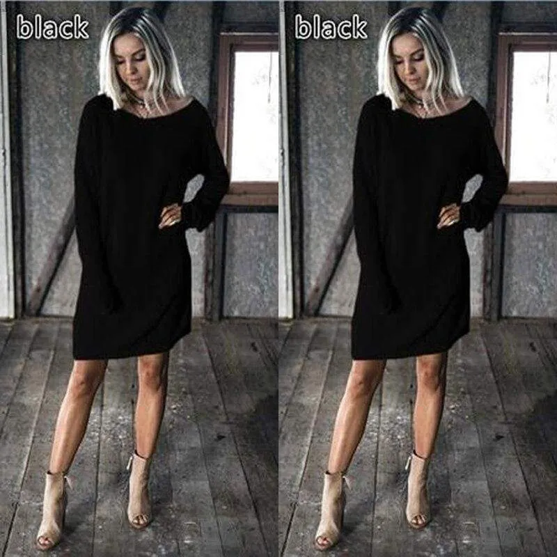 FashionSierra - New Fashion Women O Neck Long Sleeve Dress Solid Color Loose Dress Ladies Casual Warm Mini Dress Winter