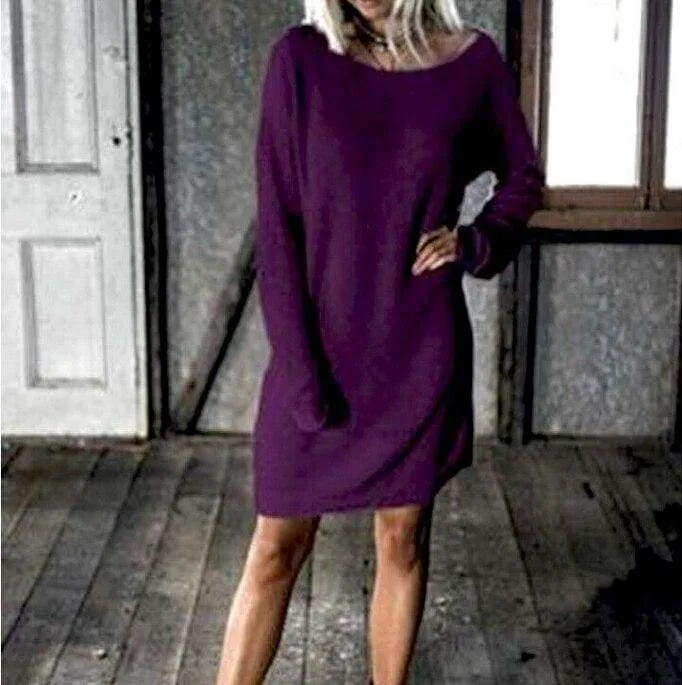 FashionSierra - New Fashion Women O Neck Long Sleeve Dress Solid Color Loose Dress Ladies Casual Warm Mini Dress Winter