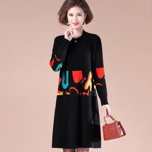 Geometry Pattern Round Neck Long Sleeve Knee Length A-line Knit Dress