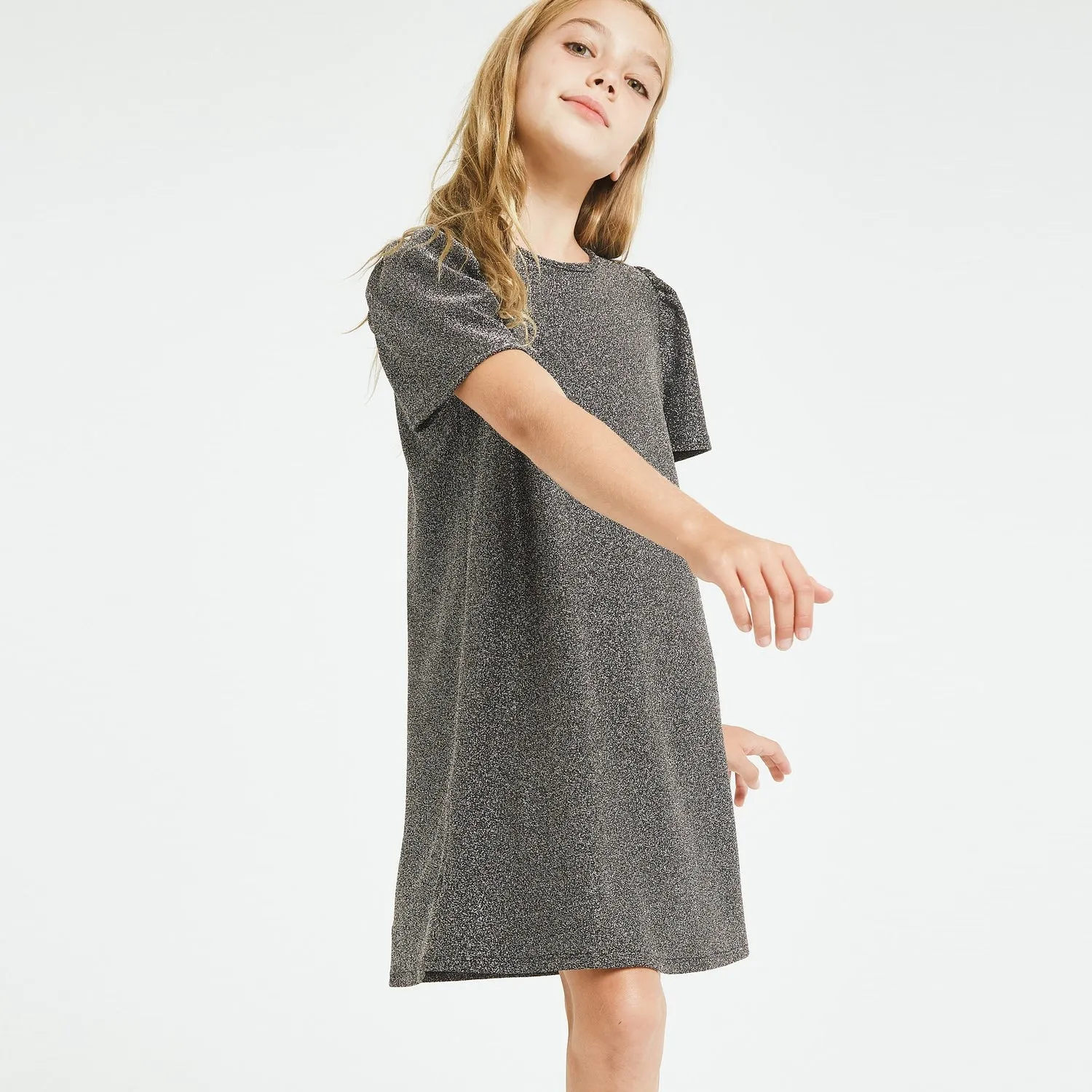 Girls Puff Sleeve Glitter Knit Occasion Dress