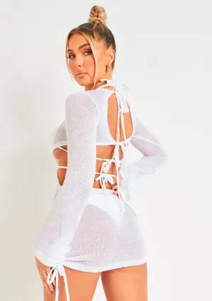 Gloria White Ruched Cut Out Mesh Knit Dress