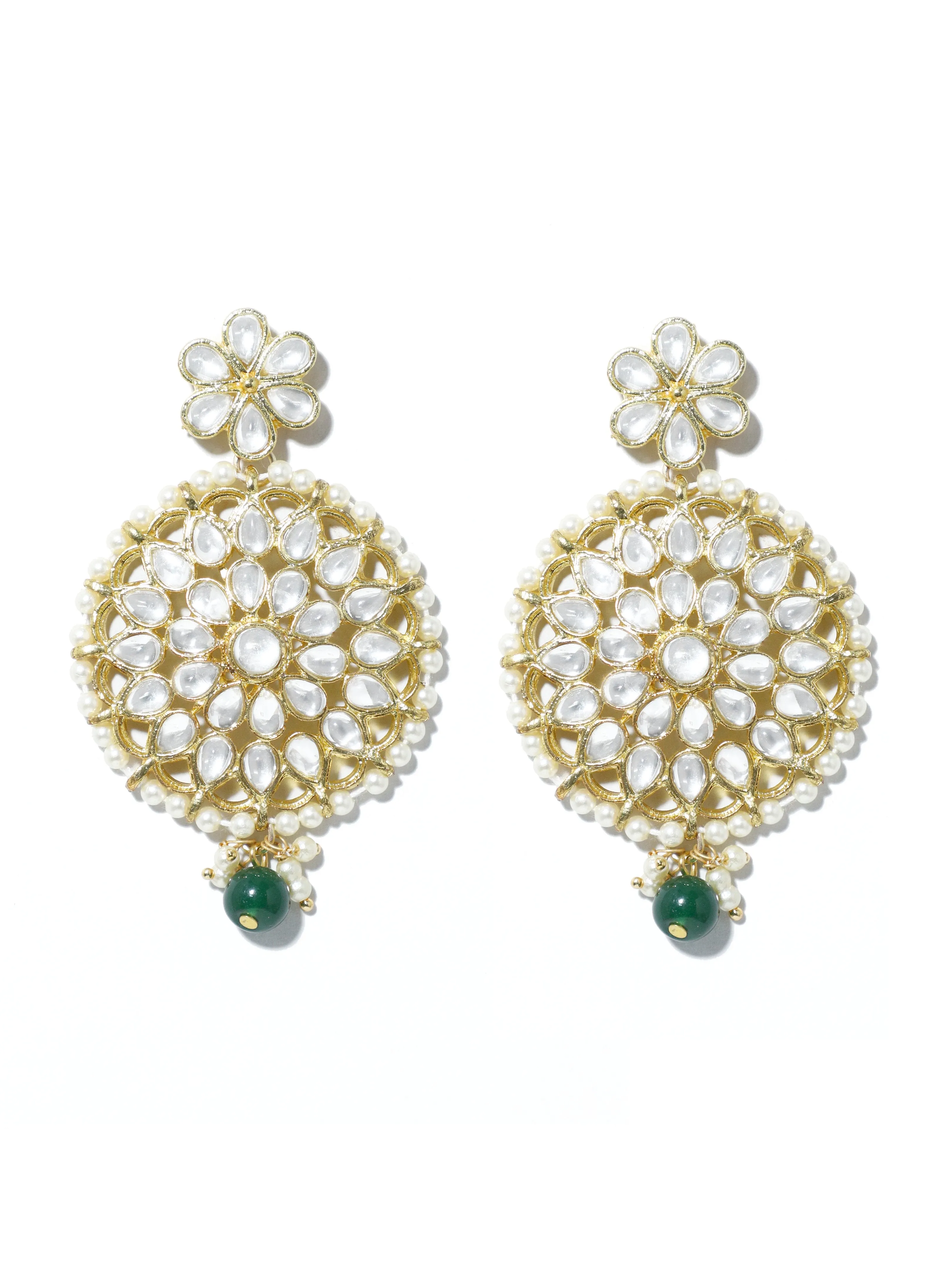 Gold Plated Green Bead Kundan Dangler Earrings