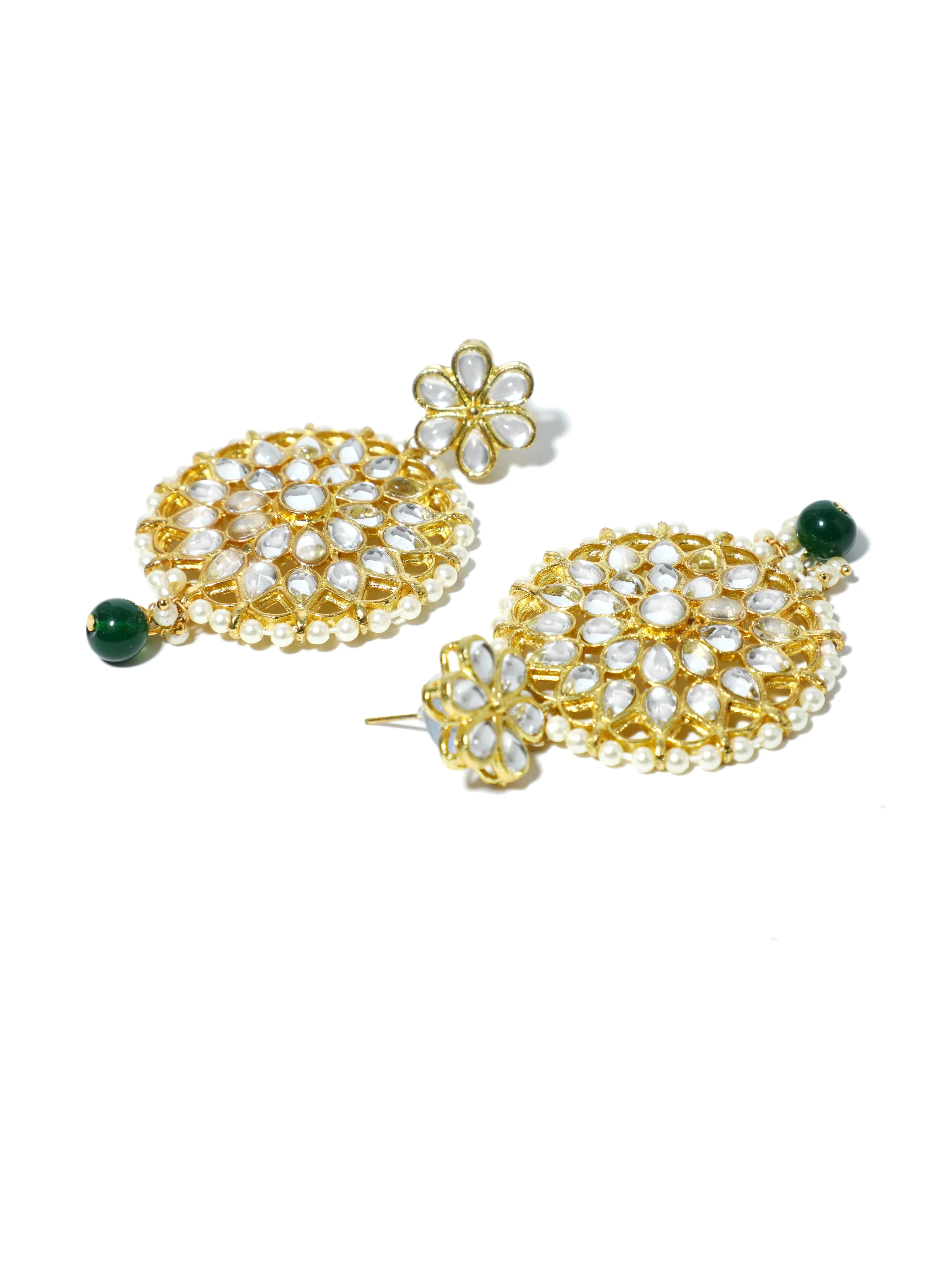 Gold Plated Green Bead Kundan Dangler Earrings