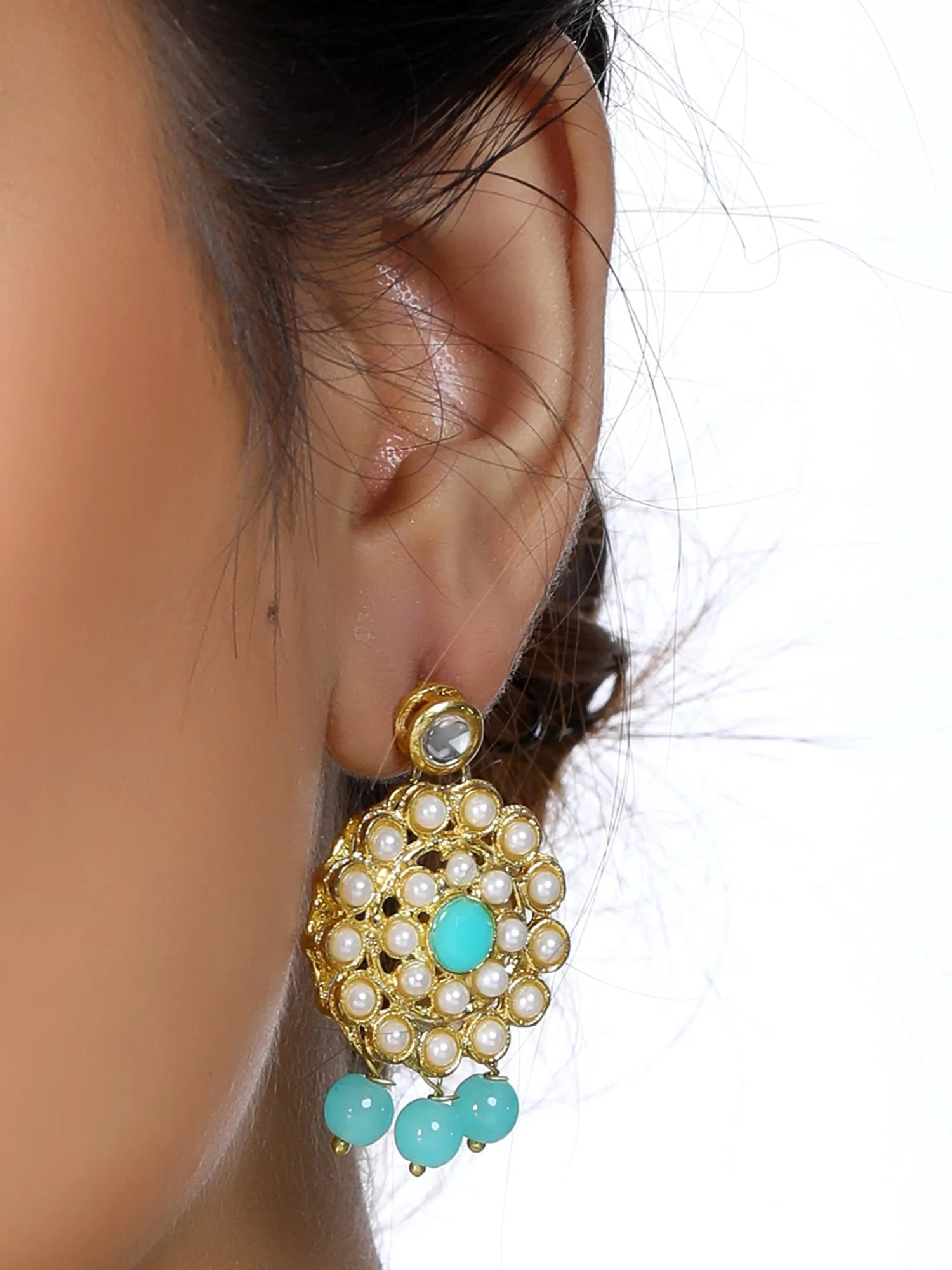 Gold Plated Mint Blue Beads Kundan Dangler Earrings for Women