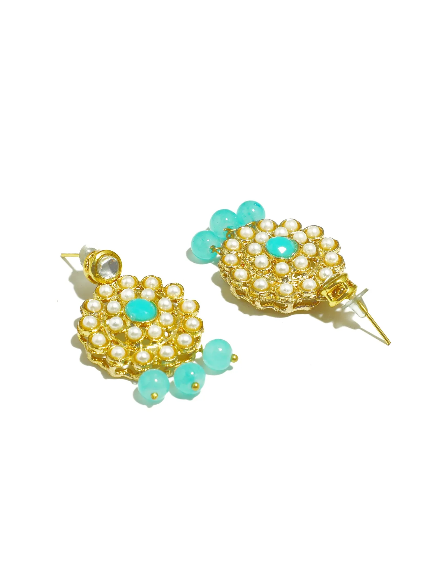 Gold Plated Mint Blue Beads Kundan Dangler Earrings for Women