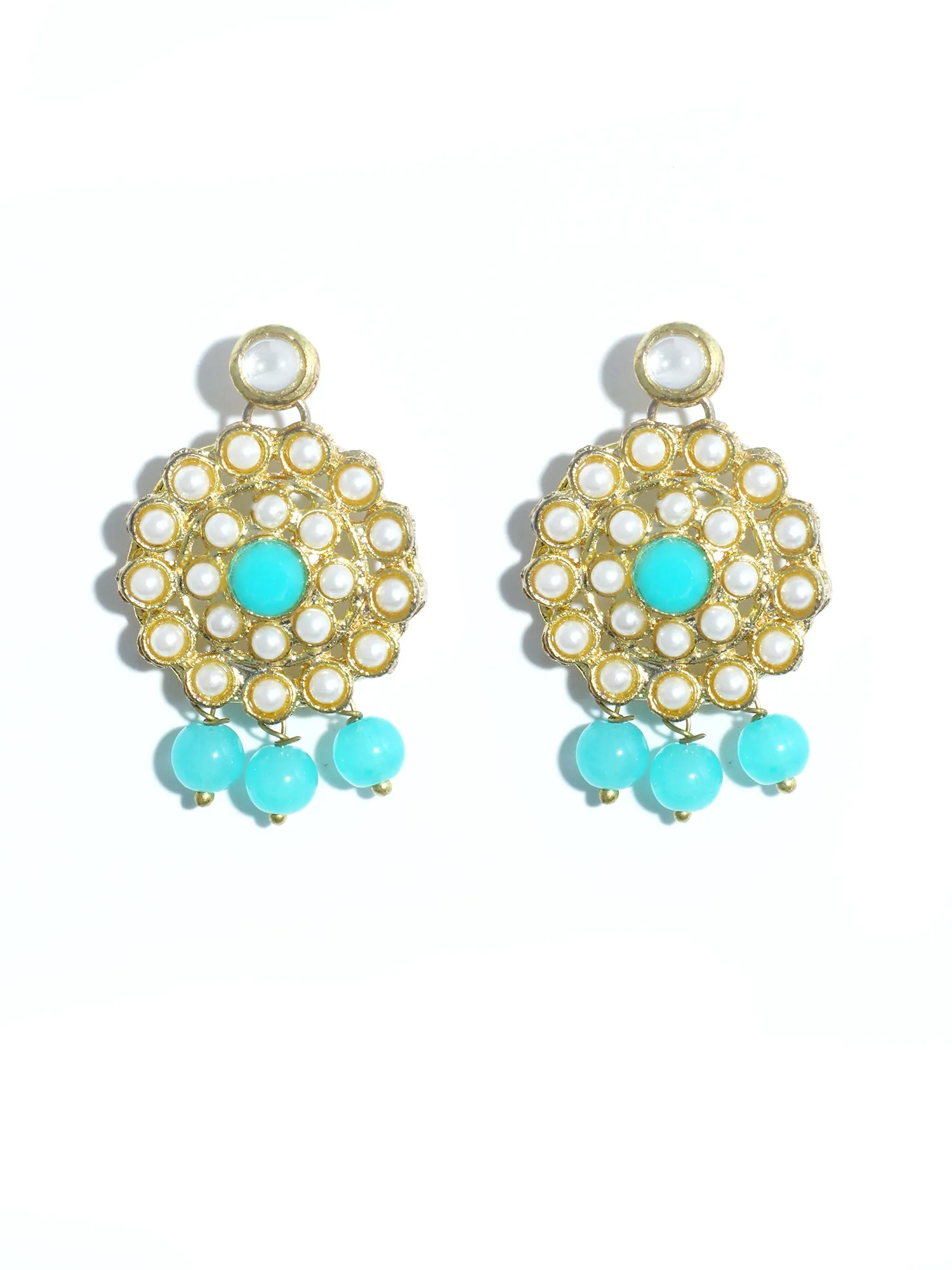 Gold Plated Mint Blue Beads Kundan Dangler Earrings for Women