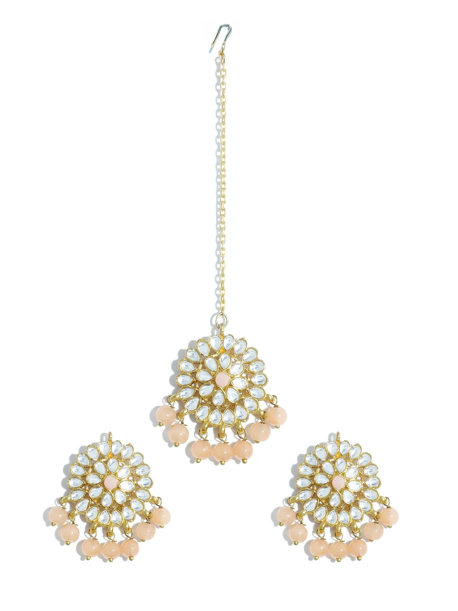 Gold Plated Peach Beads Kundan Dangler Earrings with Maangtikka for Women