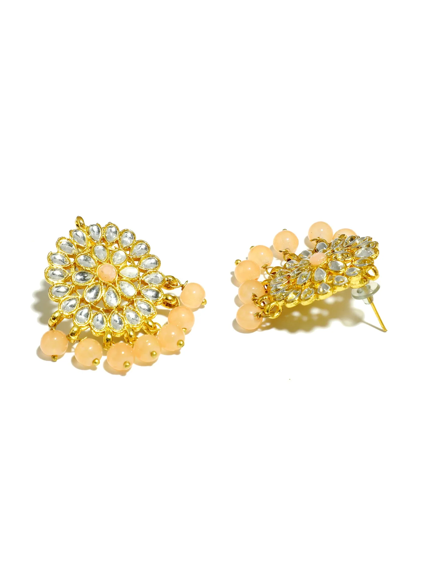 Gold Plated Peach Beads Kundan Dangler Earrings with Maangtikka for Women