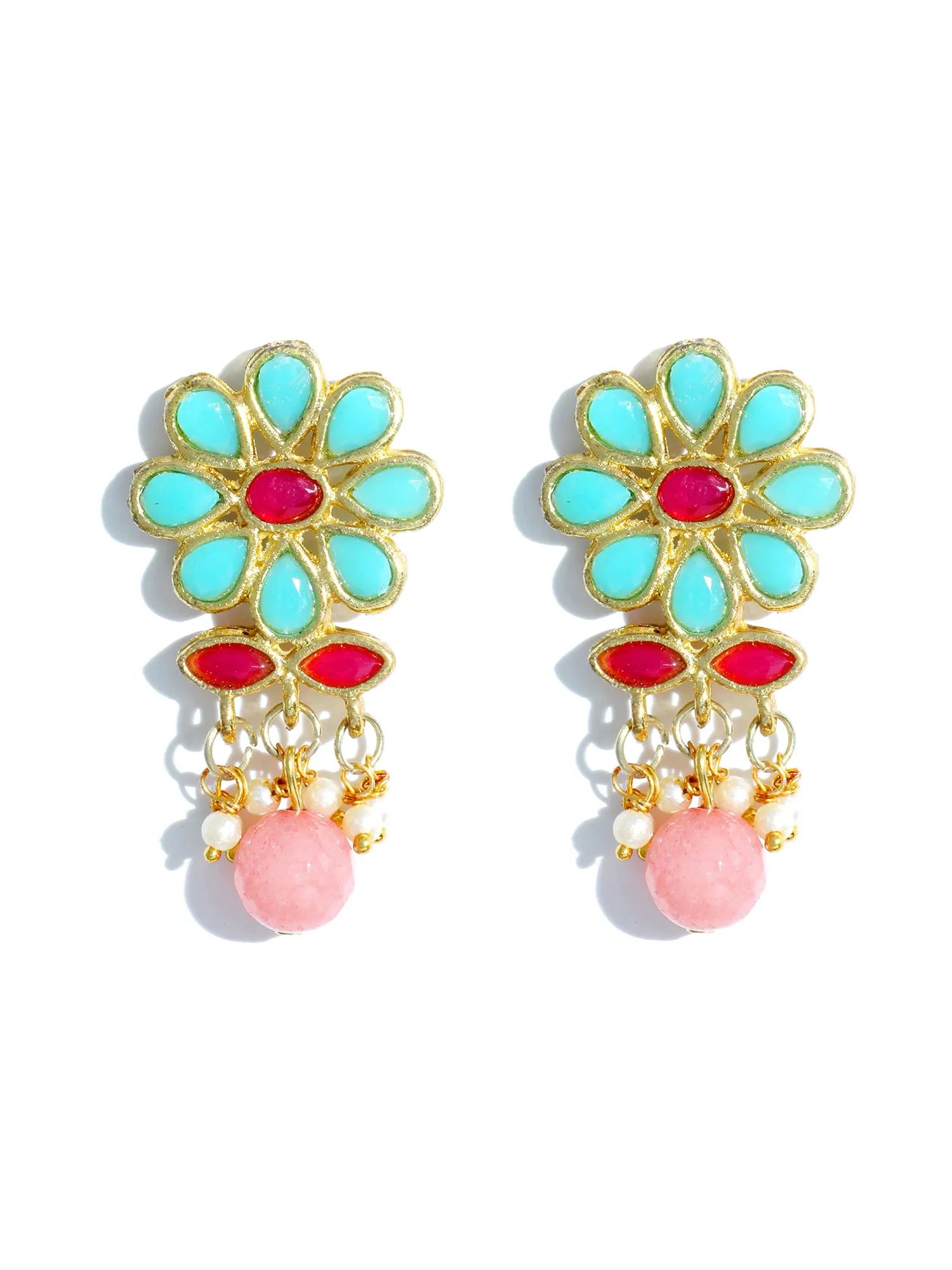 Gold Plated Peach Beads Mint Blue Kundan Dangler Earrings with Maangtikka for Women