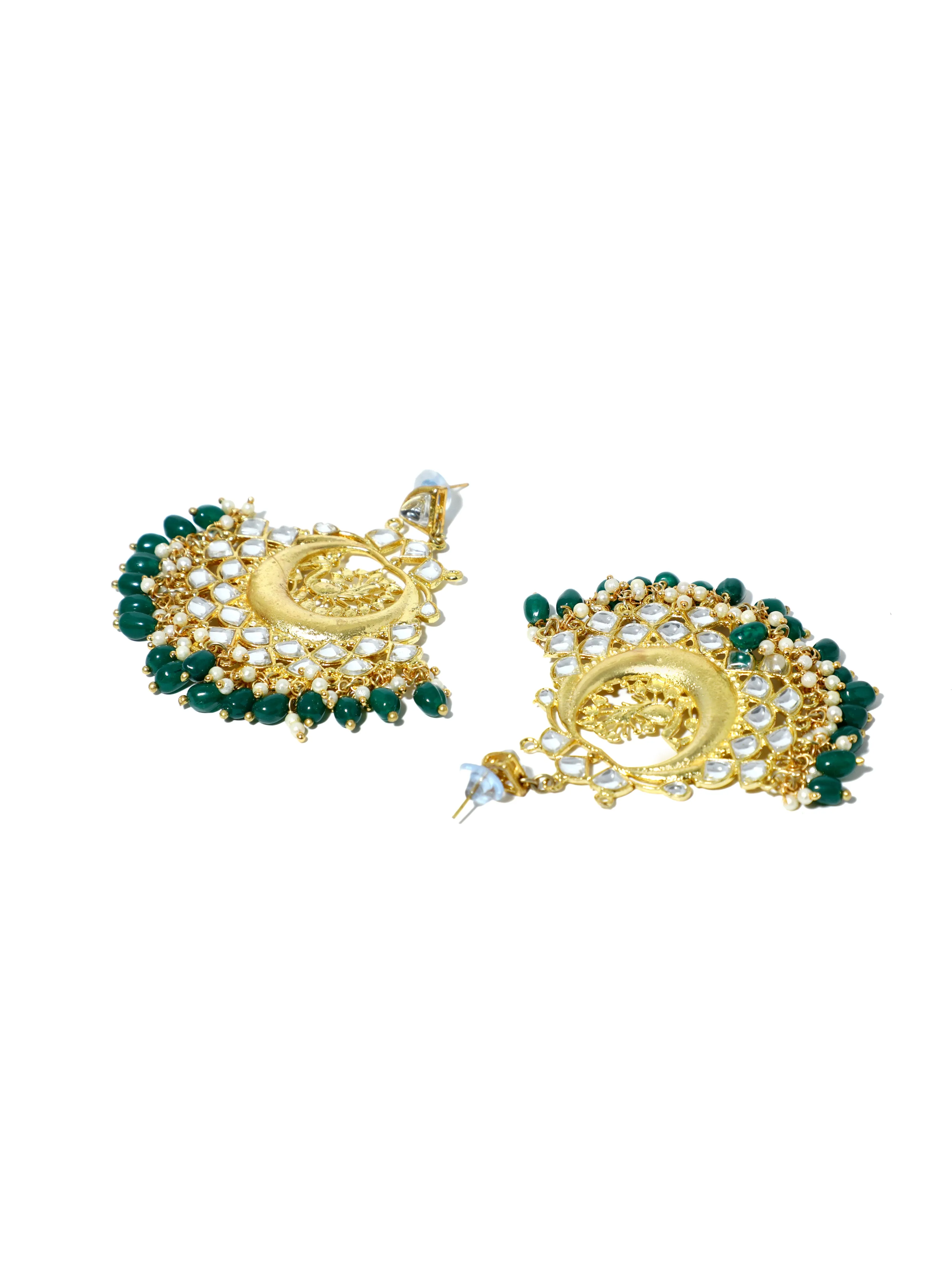 Gold Plated Peacock Design Green Beads Chandbali Earrings
