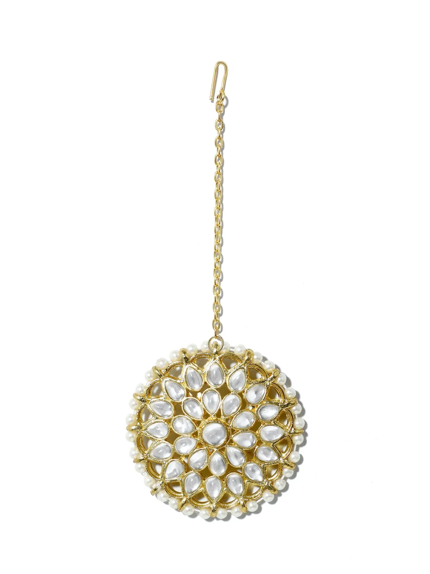 Gold Plated Pearl Beads Kundan Maangtikka